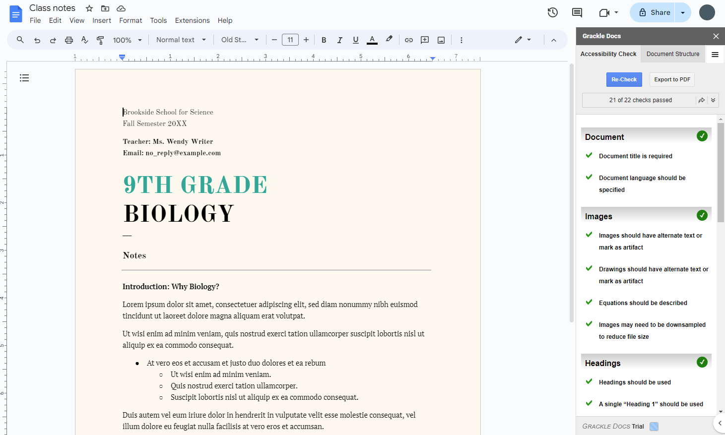 An example of a Grackle Docs accessibility check on a Google Doc file.