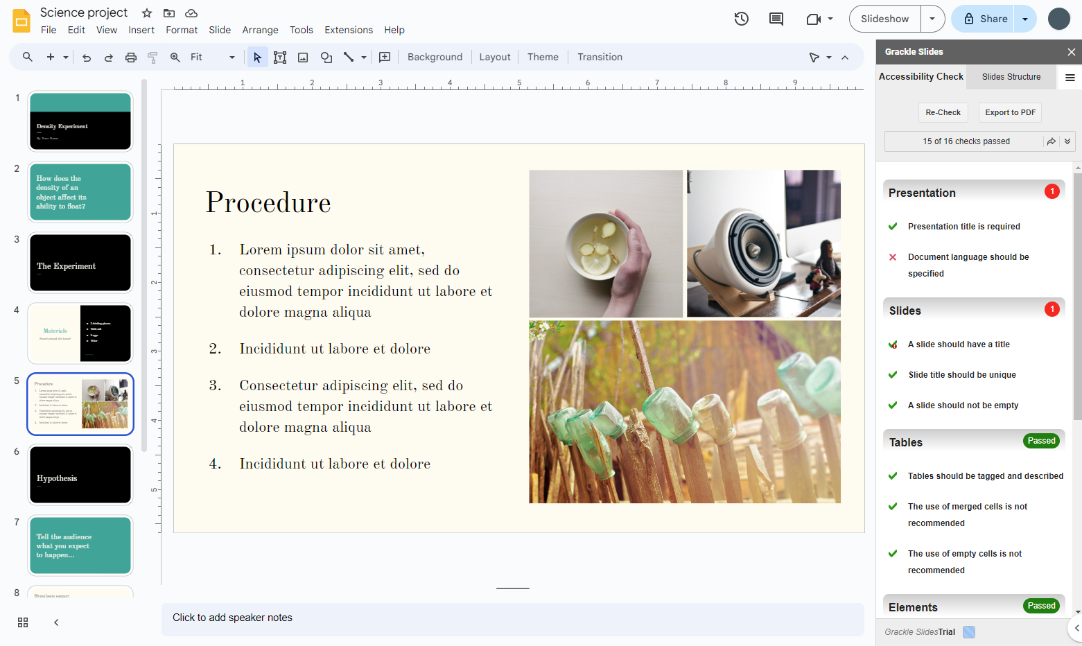 An example of an accessibility check using Grackle Sheets.